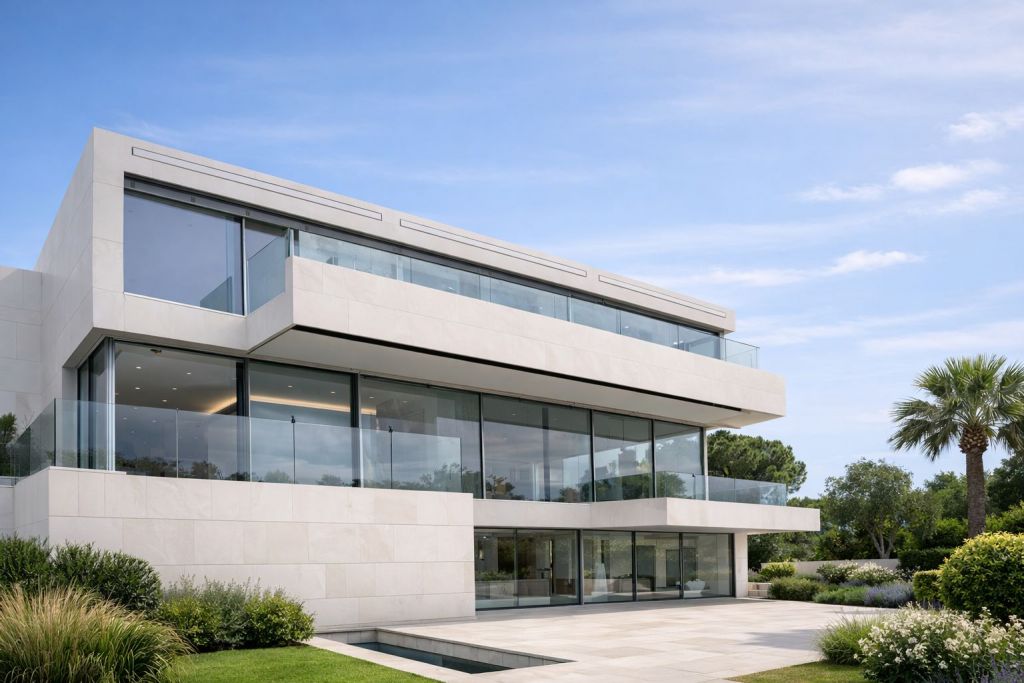 Edificio residencial con fachada ventilada de piedra natural caliza (Capri-Dafenqi).